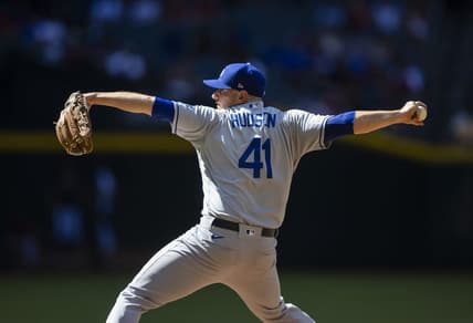 Apr 27, 2022; Phoenix, Arizona, USA; Los Angeles Dodgers pitcher Daniel Hudson against the Arizona Diamondbacks at Chase Field. Mandatory Credit: Mark J. Rebilas-USA TODAY Sports