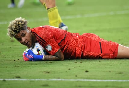 Aug 14, 2022; Nashville, Tennessee, USA; Minnesota United FC goalkeeper Dayne St. Clair (97) after a save during the second half against the Nashville SC at Geodis Park. Mandatory Credit: Christopher Hanewinckel-USA TODAY Sports