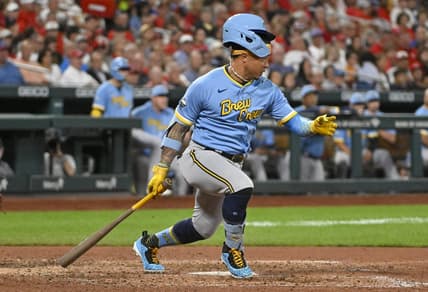 Sep 13, 2022; St. Louis, Missouri, USA;  Milwaukee Brewers second baseman Kolten Wong (16) loses his helmet as he hits in to a fielders choice during the sixth inning at Busch Stadium. Mandatory Credit: Jeff Curry-USA TODAY Sports