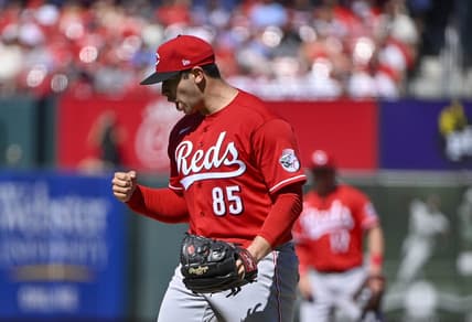 Sep 18, 2022; St. Louis, Missouri, USA;  Cincinnati Reds starting pitcher Luis Cessa (85) reacts after an inning ending double play against the St. Louis Cardinals during the third inning at Busch Stadium. Mandatory Credit: Jeff Curry-USA TODAY Sports