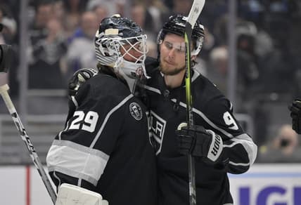 Feb 11, 2023; Los Angeles, California, USA;  Los Angeles Kings goaltender Pheonix Copley (29) is congratulated by Los Angeles Kings right wing Adrian Kempe (9) after a shutout against the Pittsburgh Penguins at Crypto.com Arena. Kempe scored four goals in the game as the first player in Kings franchise history to accomplish that record. Mandatory Credit: Jayne Kamin-Oncea-USA TODAY Sports