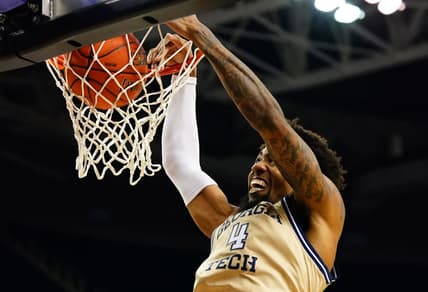 Mar 7, 2023; Greensboro, NC, USA; Georgia Tech Yellow Jackets forward Ja'von Franklin (4) dunks against the Florida State Seminoles during the first half of the first round of the ACC tournament at Greensboro Coliseum. Mandatory Credit: John David Mercer-USA TODAY Sports