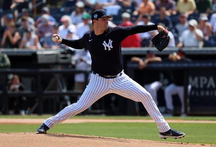 Mar 8, 2023; Tampa, Florida, USA;  New York Yankees starting pitcher Gerrit Cole (45) throws a pitch during the first inning against the St. Louis Cardinals at George M. Steinbrenner Field. Mandatory Credit: Kim Klement-USA TODAY Sports