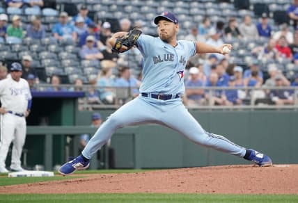 Apr 4, 2023; Kansas City, Missouri, USA; Toronto Blue Jays starting pitcher Yusei Kikuchi (16) delivers a pitch against the Kansas City Royals during the first inning at Kauffman Stadium. Mandatory Credit: Denny Medley-USA TODAY Sports