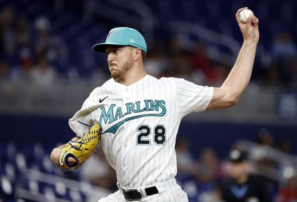 Apr 14, 2023; Miami, Florida, USA; Miami Marlins starting pitcher Trevor Rogers (28)pitches against the Arizona Diamondbacks during the first inning at loanDepot Park. Mandatory Credit: Rhona Wise-USA TODAY Sports