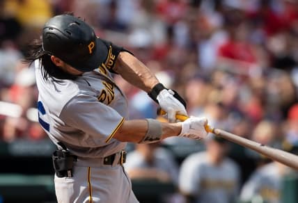 Apr 15, 2023; St. Louis, Missouri, USA; Pittsburgh Pirates right fielder Connor Joe (2) makes contact with the ball in the 10th inning at Busch Stadium. Mandatory Credit: Paul Halfacre-USA TODAY Sports