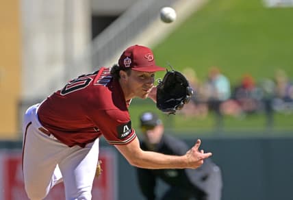 Feb 27, 2023; Salt River Pima-Maricopa, Arizona, USA;   Arizona Diamondbacks starting pitcher Brandon Pfaadt (90) throws to the plate in the second inning of a spring training game against the Arizona Diamondbacks at Salt River Fields at Talking Stick. Mandatory Credit: Jayne Kamin-Oncea-USA TODAY Sports