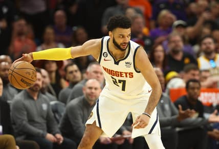 May 7, 2023; Phoenix, Arizona, USA; Denver Nuggets guard Jamal Murray (27) against the Phoenix Suns during game four of the 2023 NBA playoffs at Footprint Center. Mandatory Credit: Mark J. Rebilas-USA TODAY Sports