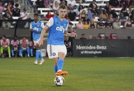 May 24, 2023; Birmingham, AL, USA; Charlotte FC defender Anton Walkes (5) dribbles the ball against Birmingham Legion FC during the first half at Protective Stadium. Mandatory Credit: Marvin Gentry-USA TODAY Sports