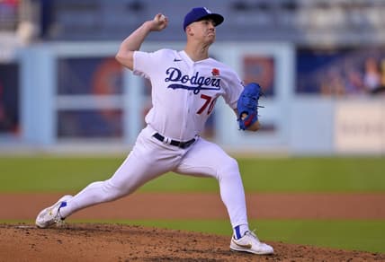May 29, 2023; Los Angeles, California, USA;  Los Angeles Dodgers starting pitcher Bobby Miller (70) throws to the plate in the third inning against the Washington Nationals at Dodger Stadium. Mandatory Credit: Jayne Kamin-Oncea-USA TODAY Sports