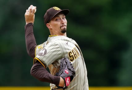 Jun 11, 2023; Denver, Colorado, USA; San Diego Padres starting pitcher Blake Snell (4) delivers a pitch in the first inning against the Colorado Rockies at Coors Field. Mandatory Credit: Ron Chenoy-USA TODAY Sports