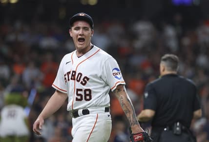 Jun 13, 2023; Houston, Texas, USA; Houston Astros starting pitcher Hunter Brown (58) shouts after a play during the seventh inning against the Washington Nationals at Minute Maid Park. Mandatory Credit: Troy Taormina-USA TODAY Sports