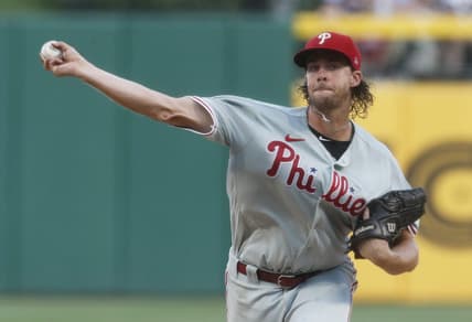 Jul 29, 2023; Pittsburgh, Pennsylvania, USA;  Philadelphia Phillies starting pitcher Aaron Nola (27) throws against the Pittsburgh Pirates during the third inning at PNC Park. Mandatory Credit: Charles LeClaire-USA TODAY Sports