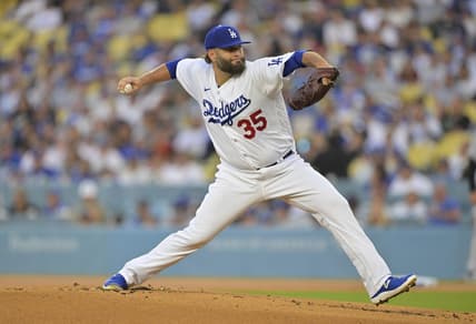 Aug 11, 2023; Los Angeles, California, USA;  Los Angeles Dodgers starting pitcher Lance Lynn (35) delivers in the first inning against the Colorado Rockies at Dodger Stadium. Mandatory Credit: Jayne Kamin-Oncea-USA TODAY Sports