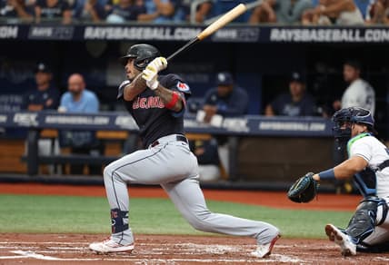 Aug 12, 2023; St. Petersburg, Florida, USA;  Cleveland Guardians right fielder Gabriel Arias (13) singles against the Tampa Bay Rays during the second inning at Tropicana Field. Mandatory Credit: Kim Klement Neitzel-USA TODAY Sports