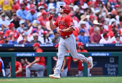 Aug 30, 2023; Philadelphia, Pennsylvania, USA; Los Angeles Angels outfielder Hunter Renfroe (12) reacts after hitting a two-run home run against the Philadelphia Phillies in the second inning at Citizens Bank Park. Mandatory Credit: Kyle Ross-USA TODAY Sports