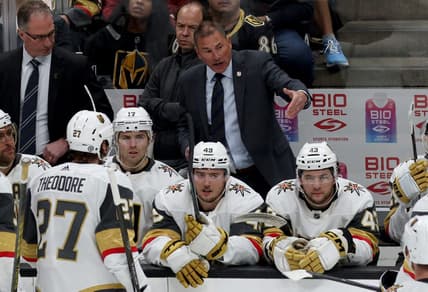 Nov 5, 2023; Anaheim, California, USA; Vegas Golden Knights head coach Bruce Cassidy talks to his team during the second period against the Anaheim Ducks at Honda Center. Mandatory Credit: Jason Parkhurst-USA TODAY Sports