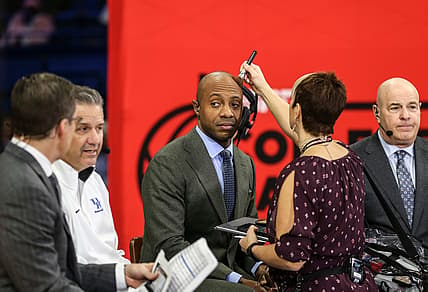 ESPN analyst Jay Williams gets a little touch-up work during a break as John Calipiari sits next to him during the GameDay segment before the Kentucky-Kansas Saturday, January 26, 2019.

Espn Gameday At Rupp January 26 2019