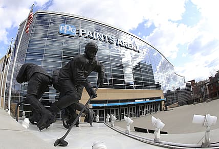 Mar 15, 2020; Pittsburgh, Pennsylvania, USA;  General exterior view of the Mario Lemieux statue outside the PPG PAINTS Arena as the NHL game scheduled between the Pittsburgh Penguins and the New York Islanders was suspended due to COVID-19 coronavirus concerns.  Mandatory Credit: Charles LeClaire-USA TODAY Sports