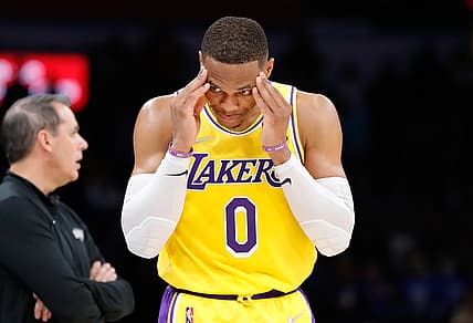Oct 27, 2021; Oklahoma City, Oklahoma, USA; Los Angeles Lakers guard Russell Westbrook (0) reacts after a technical is called against him on a play against the Oklahoma City Thunder during the second half at Paycom Center. Oklahoma City won 123-115. Mandatory Credit: Alonzo Adams-USA TODAY Sports