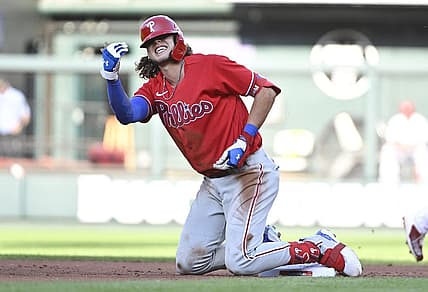 Jul 11, 2022; St. Louis, Missouri, USA;  Philadelphia Phillies third baseman Alec Bohm (28) reacts after he injured his hand sliding in at second base and was tagged out by St. Louis Cardinals second baseman Nolan Gorman (not pictured) during the second inning at Busch Stadium. Mandatory Credit: Jeff Curry-USA TODAY Sports