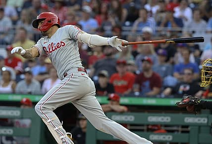 Jul 28, 2022; Pittsburgh, Pennsylvania, USA;  Philadelphia Phillies right fielder Nick Castellanos (8) hits an RBI single  single against the Pittsburgh Pirates during the first inning at PNC Park. Mandatory Credit: Charles LeClaire-USA TODAY Sports