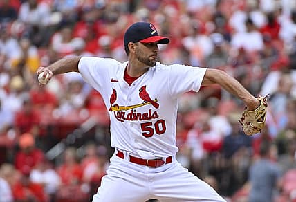 Aug 7, 2022; St. Louis, Missouri, USA;  St. Louis Cardinals starting pitcher Adam Wainwright (50) pitches against the New York Yankees during the first inning at Busch Stadium. Mandatory Credit: Jeff Curry-USA TODAY Sports