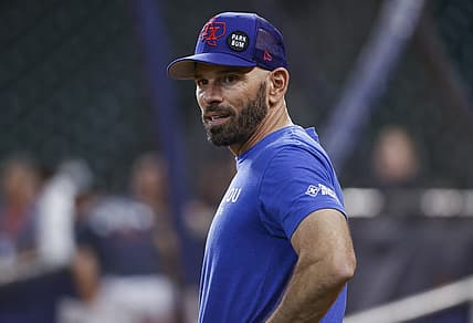 Aug 9, 2022; Houston, Texas, USA; Texas Rangers manager Chris Woodward (8) stands on the field before the game against the Houston Astros at Minute Maid Park. Mandatory Credit: Troy Taormina-USA TODAY Sports