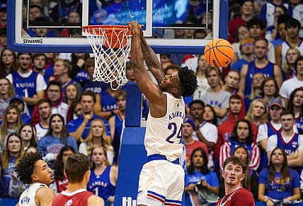 Nov 18, 2022; Lawrence, Kansas, USA; Kansas Jayhawks forward K.J. Adams Jr. (24) misses a dunk against the Southern Utah Thunderbirds during the first half at Allen Fieldhouse. Mandatory Credit: Denny Medley-USA TODAY Sports