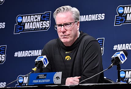 Mar 16, 2022; Buffalo, NY, USA; Iowa Hawkeyes head coach Fran McCafferey speaks to the press before a practice session prior to the first round of the 2022 NCAA Tournament at KeyBank Center. Mandatory Credit: Mark Konezny-USA TODAY Sports