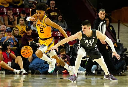 January 5, 2023; Tempe, Ariz; USA; ASU guard Austin Nunez (2) steals the ball from WSU guard Andrej Jakimovski (23) at Wells Fargo Arena.

Basketball Wash St Asu Bb Washington State At Arizona State