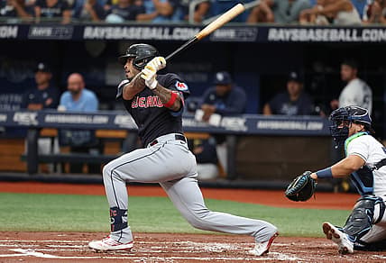 Aug 12, 2023; St. Petersburg, Florida, USA;  Cleveland Guardians right fielder Gabriel Arias (13) singles against the Tampa Bay Rays during the second inning at Tropicana Field. Mandatory Credit: Kim Klement Neitzel-USA TODAY Sports