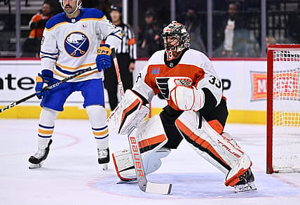 Nov 1, 2023; Philadelphia, Pennsylvania, USA; Philadelphia Flyers goalie Samuel Ersson (33) defends the net against the Buffalo Sabres in the second period at Wells Fargo Center. Mandatory Credit: Kyle Ross-USA TODAY Sports
