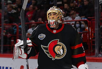 Nov 18, 2023; Stockholm, SWE; Ottawa Senators goaltender Anton Forsberg (31) reacts against the Minnesota Wild during a Global Series NHL hockey game at Avicii Arena. Mandatory Credit: Per Haljestam-USA TODAY Sports
