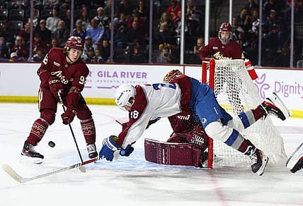 Nov 30, 2023; Tempe, Arizona, USA; Colorado Avalanche left wing Miles Wood (28) is upended as he attempts to score a goal against the Arizona Coyotes in the first period at Mullett Arena. Mandatory Credit: Mark J. Rebilas-USA TODAY Sports