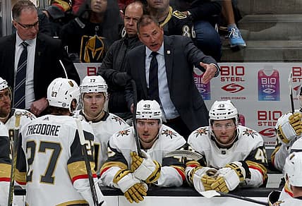 Nov 5, 2023; Anaheim, California, USA; Vegas Golden Knights head coach Bruce Cassidy talks to his team during the second period against the Anaheim Ducks at Honda Center. Mandatory Credit: Jason Parkhurst-USA TODAY Sports