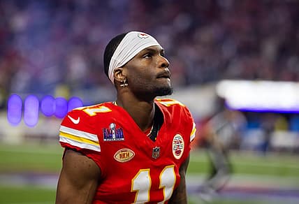 Feb 11, 2024; Paradise, Nevada, USA; Kansas City Chiefs wide receiver Marquez Valdes-Scantling (11) against the San Francisco 49ers in Super Bowl LVIII at Allegiant Stadium. Mandatory Credit: Mark J. Rebilas-USA TODAY Sports