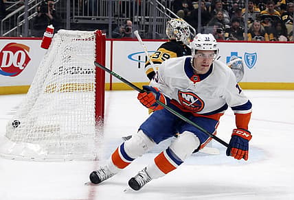 Feb 20, 2024; Pittsburgh, Pennsylvania, USA; New York Islanders center Mathew Barzal (13) reacts after scoring a goal against Pittsburgh Penguins goaltender Alex Nedeljkovic (39) during the second period at PPG Paints Arena. Mandatory Credit: Charles LeClaire-USA TODAY Sports