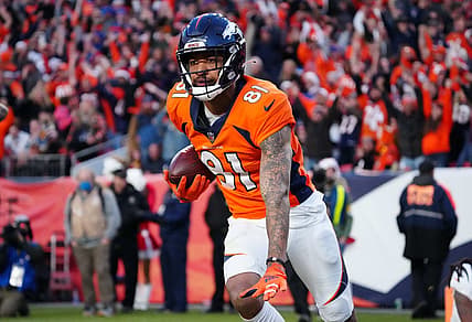 Broncos wide receiver Tim Patrick (81) celebrates his touchdown reception in the third quarter against the Cincinnati Bengals at Empower Field at Mile High Mandatory Credit: Ron Chenoy-USA TODAY Sports
