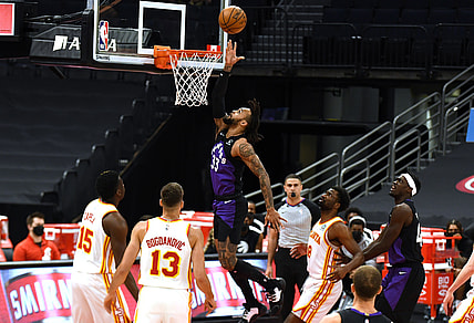 Apr 13, 2021; Tampa, Florida, USA; Toronto Raptors guard Gary Trent Jr. (33) goes to the basket during the first quarter against the Atlanta Hawks at Amalie Arena. Mandatory Credit: Jonathan Dyer-USA TODAY Sports