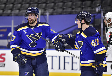 May 12, 2021; St. Louis, Missouri, USA;  St. Louis Blues left wing David Perron (57) is congratulated by defenseman Torey Krug (47) after scoring during the second period against the Minnesota Wild at Enterprise Center. Mandatory Credit: Jeff Curry-USA TODAY Sports
