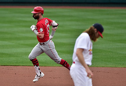 Jun 6, 2021; St. Louis, Missouri, USA;  Cincinnati Reds left fielder Jesse Winker (33) runs the bases after hitting a two run home run off of St. Louis Cardinals starting pitcher John Gant (53) during the first inning at Busch Stadium. Mandatory Credit: Jeff Curry-USA TODAY Sports