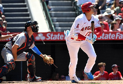 Jun 20, 2021; Anaheim, California, USA; Los Angeles Angels designated hitter Shohei Ohtani (17) hits a two run home run against the Detroit Tigers during the fifth inning at Angel Stadium. Mandatory Credit: Richard Mackson-USA TODAY Sports