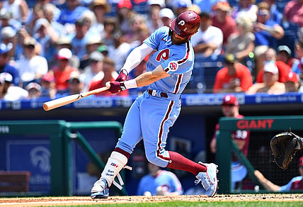 Aug 12, 2021; Philadelphia, Pennsylvania, USA; Philadelphia Phillies right fielder Bryce Harper (3) hits a solo home run in the first inning against the Los Angeles Dodgers at Citizens Bank Park. Mandatory Credit: Kyle Ross-USA TODAY Sports