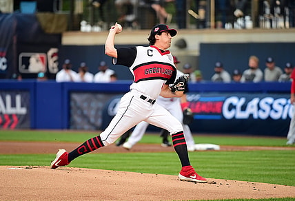 Aug 22, 2021; Williamsport, PA, USA; Cleveland Indians pitcher Cal Quantrill (47) throws a pitch in the first inning against the Los Angeles Angels at BB&T Ballpark at Historic Bowman Field. Mandatory Credit: Evan Habeeb-USA TODAY Sports