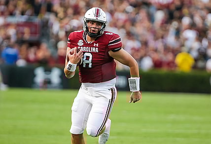 Sep 4, 2021; Columbia, South Carolina, USA; South Carolina Gamecocks quarterback Zeb Noland (8) scrambles against the Eastern Illinois Panthers in the first quarter at Williams-Brice Stadium. Mandatory Credit: Jeff Blake-USA TODAY Sports