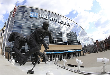 Mar 15, 2020; Pittsburgh, Pennsylvania, USA;  General exterior view of the Mario Lemieux statue outside the PPG PAINTS Arena as the NHL game scheduled between the Pittsburgh Penguins and the New York Islanders was suspended due to COVID-19 coronavirus concerns.  Mandatory Credit: Charles LeClaire-USA TODAY Sports