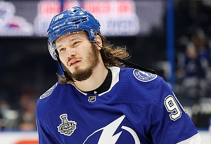 Jul 7, 2021; Tampa, Florida, USA; Tampa Bay Lightning defenseman Mikhail Sergachev (98) warms up before game five of the 2021 Stanley Cup Final against the Montreal Canadiens at Amalie Arena. Mandatory Credit: Kim Klement-USA TODAY Sports