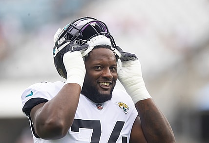 Sep 19, 2021; Jacksonville, Florida, USA; Jacksonville Jaguars offensive tackle Cam Robinson (74) against the Denver Broncos at TIAA Bank Field. Mandatory Credit: Mark J. Rebilas-USA TODAY Sports