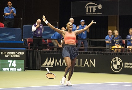 Apr 16, 2022; Asheville, NC, USA;  Asia Muhammad (USA) celebrates after winning the doubles with Jessica Pegula (USA) in the Billie Jean King Cup tie between USA and Ukraine at Harrah's Cherokee Center. Mandatory Credit: Susan Mullane-USA TODAY Sports